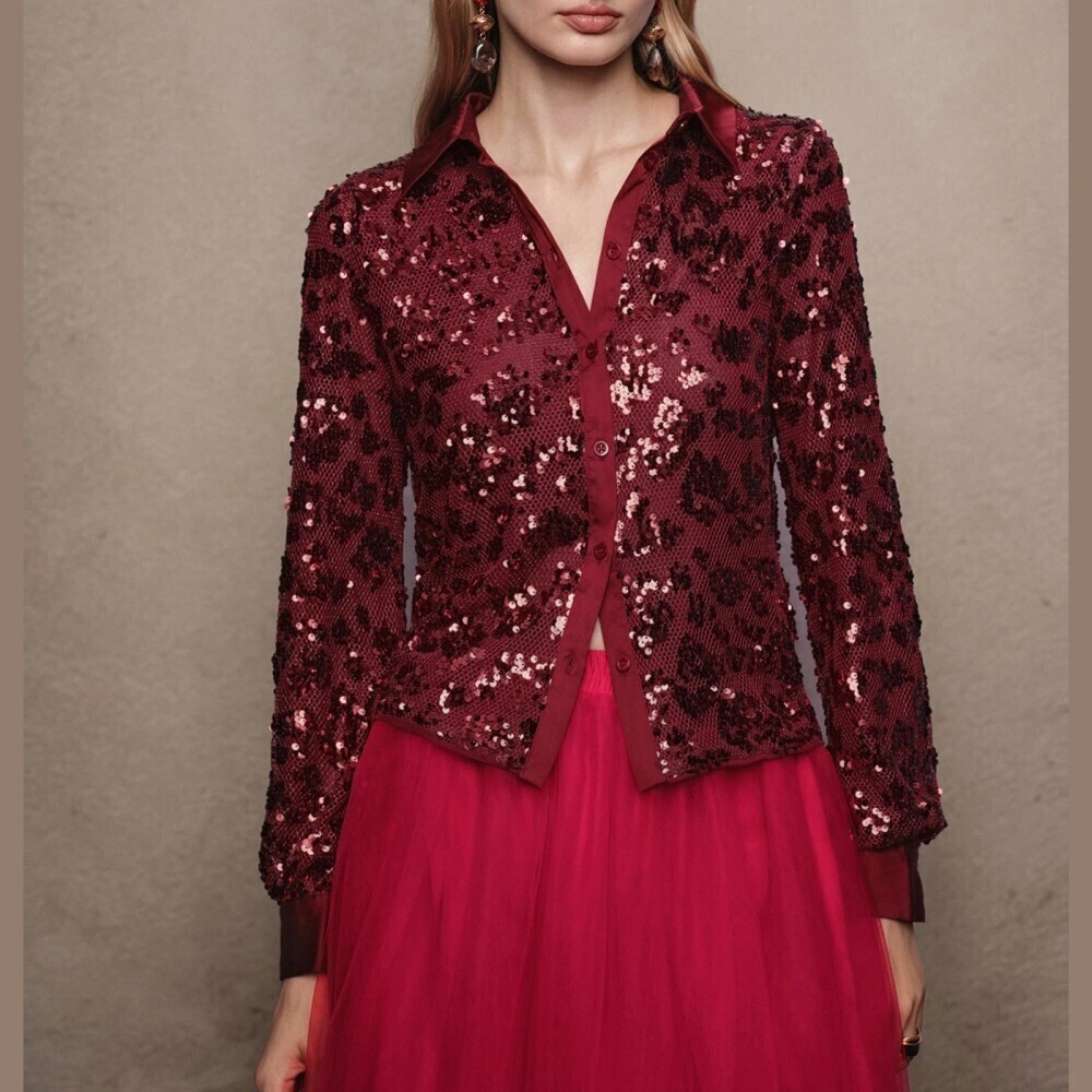 Burgundy Sequin Leopard Print Collared Deep V Neck Blouse